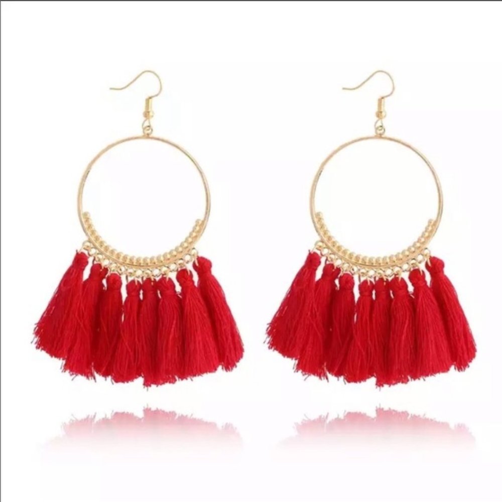 3/$30 RED TASSELS GOLDEN DROP EARRINGS